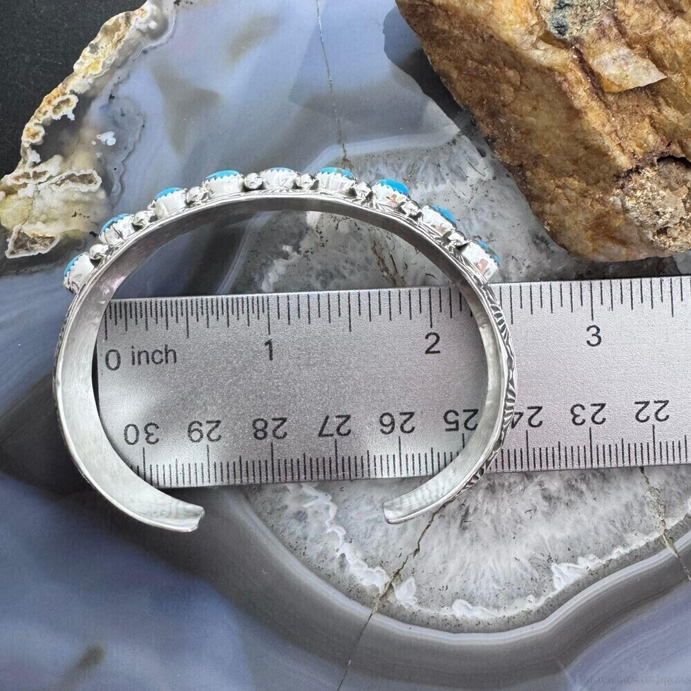 Grace Silver Sterling Single Row 9 Oval Kingman Turquoise Bracelet For Women - Picture 9 of 10